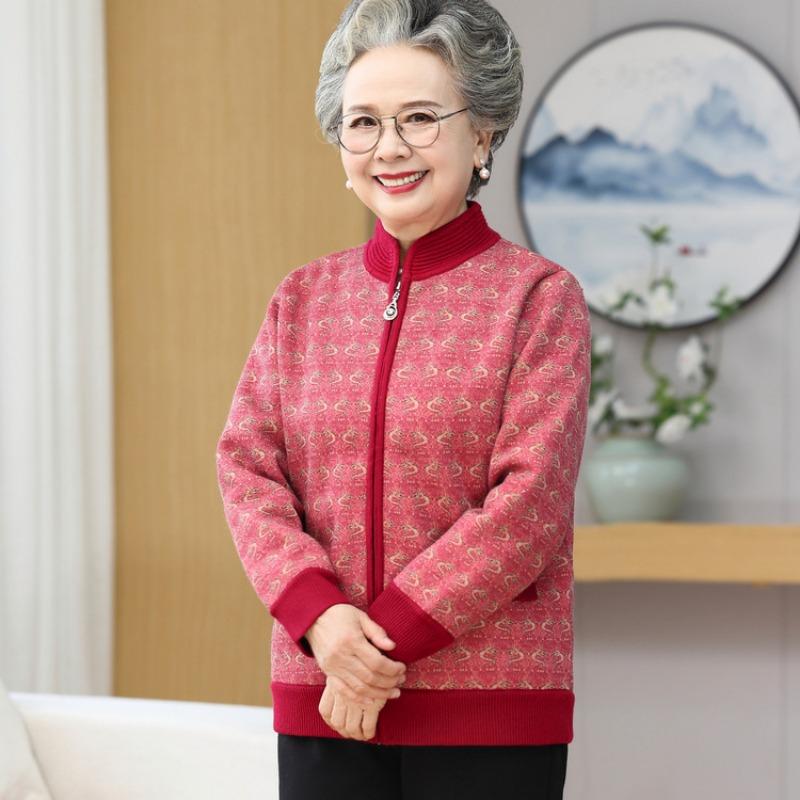 Grandma Sweater Jacket Women's Middle-aged and Elderly Autumn and Winter Clothing Fleece Cardigan Year Old 0 Old Man Old Lady Warm Clothes
