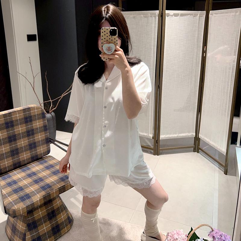 Ice silk pajamas pajamas women's high-end 11 back lace lace spring and summer short-sleeved loungewear
