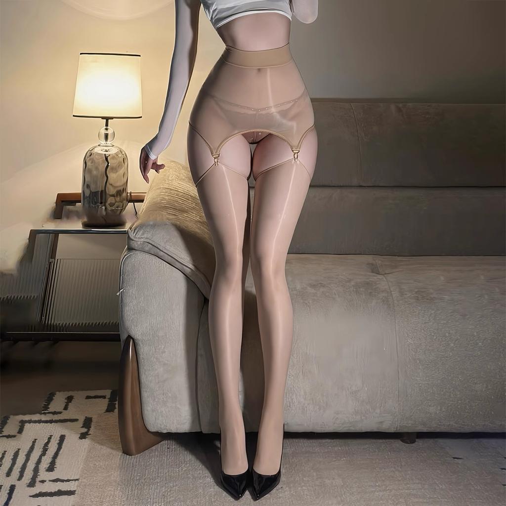Detachable See Through Garter Belt With Metal Buckles Horse Oil Shiny Stretchy Stockings Women Pole Dance Lingerie Pantyhose