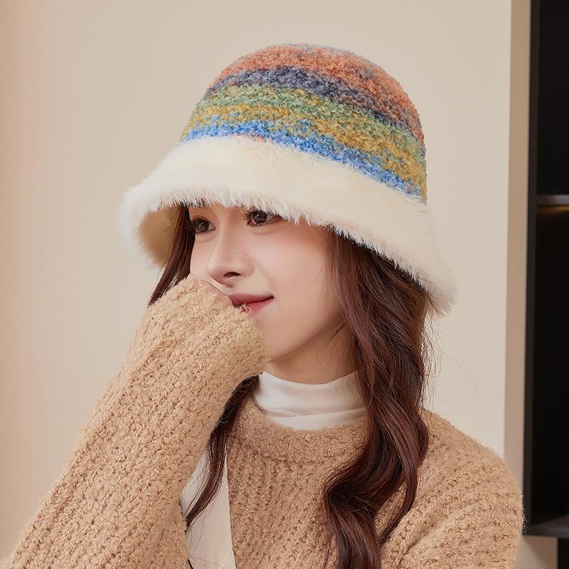

Rainbow Striped Fisherman Hat Children s Fashion Thickened Fleece Hat Autumn and Winter Outdoor Washbasin Hat 55-59CM