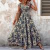 Vintage print dress fashionable and elegant V-neck short-sleeved dress long dress women's clothing
