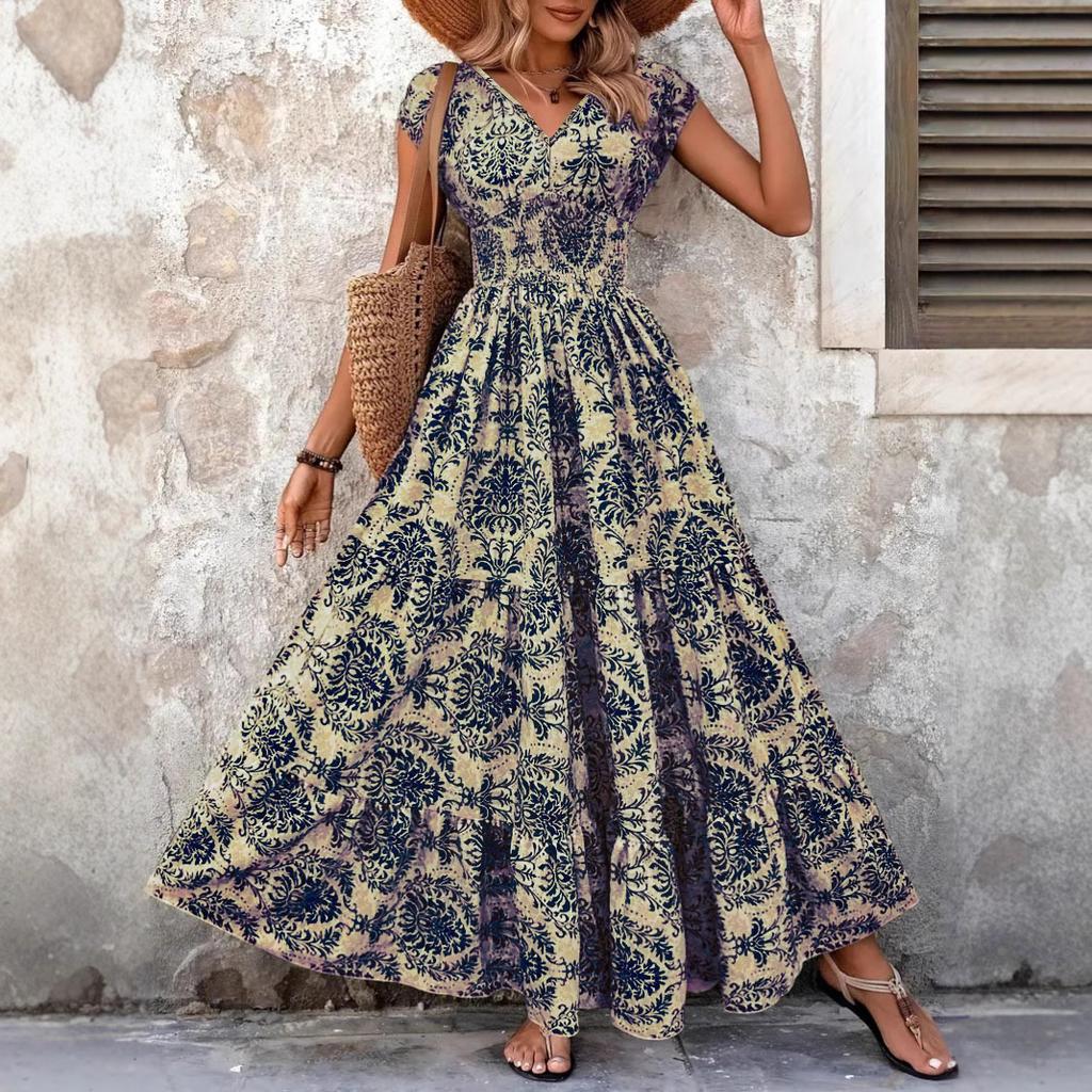 Vintage print dress fashionable and elegant V-neck short-sleeved dress long dress women's clothing