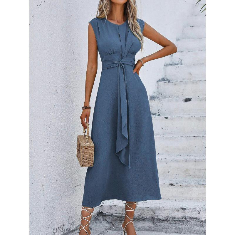 Women's Sleeveless Waist-Hugging Long Dress - Summer/Autumn, Elegant European & American Style, Slimming Fit
