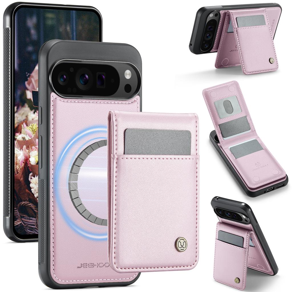 For Google Pixel 9 Pro XL Leather Back Cover Compatible with MagSafe JEEHOOD J06 Phone Case with Card Bag RFID Blocking
