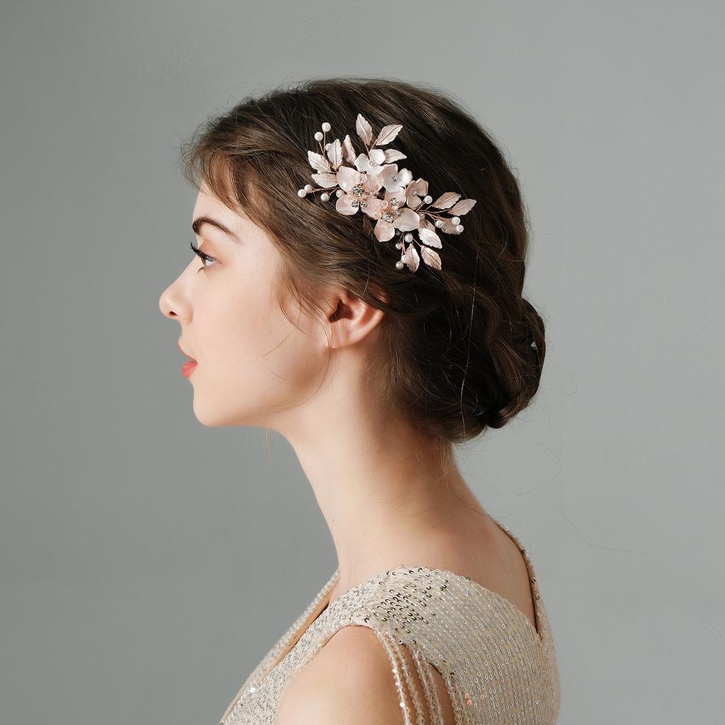 Elegant Floral Hair Clip Rose Gold Pearl Flower Leaf Barrettes For Women Girls Wedding Party Banquet Updo Jewelry Hair Accessory