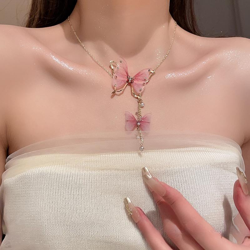 Tulle Butterfly Necklace Pearl Charm Tassel Chain Necklace Vintage Party Jewelry Women Girl Gift
