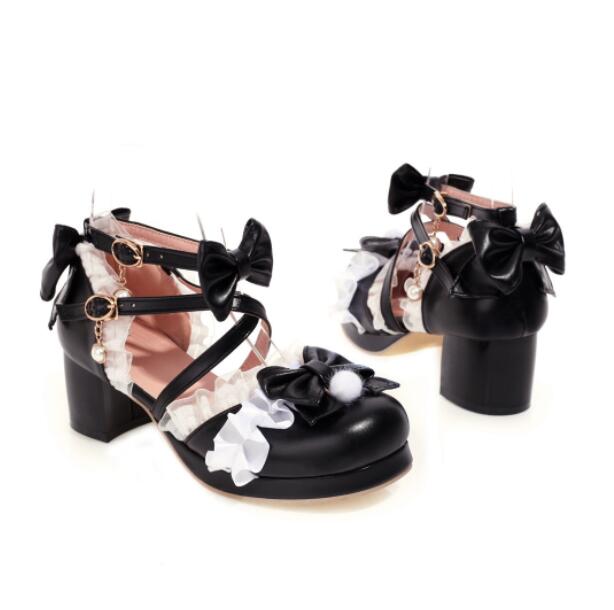 

Туфли для девочек Sweet Pearl Bowknot 2025 Женские каблуки Платформа Кружево Принцесса Мэри Джейн Лолита Туфли Вечеринка Высокие каблуки Женские туфли-лодочки30-43 34(22cm)