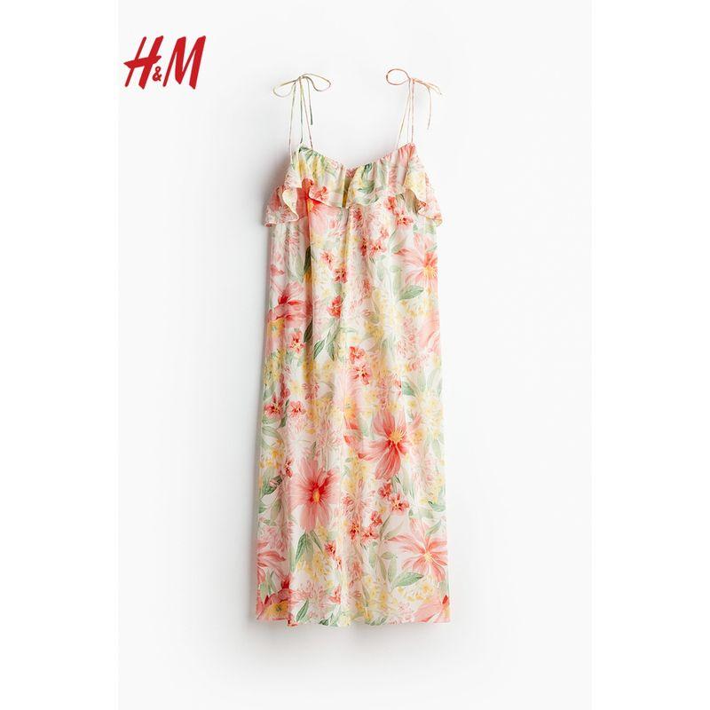 HM Women's Clothing Dress Fall V-neck Loose Print Sling Vacation Style Pleated Midi Dress Dress 1234153