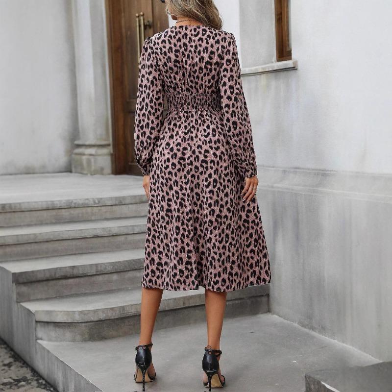 Women's Autumn Leopard Print V-neck Long-sleeved Dress
