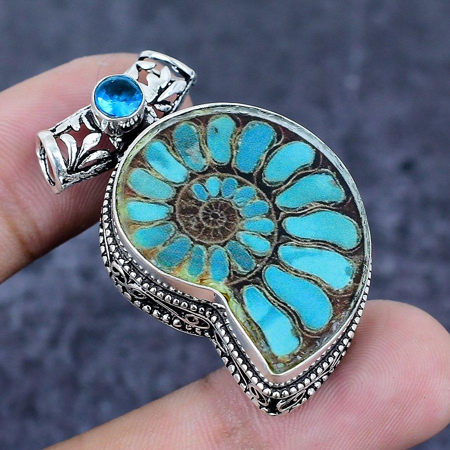 Natural Ammonite Fossil, Topaz 925 Sterling Silver Jewelry Pendant 1.65" z9R30