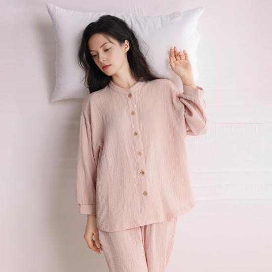 Women's Cotton Pajama Set Button Down Long Sleeve Top And Long Pants Loungewear Set Casual 2 Piece Sleepwear