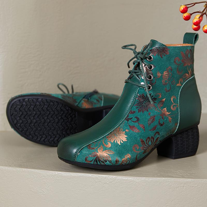 Fashion GKTINOO Genuine Leather Ankle Boots 2025 Winter New Ethnic Printed Women's Boots Soft Soles Thick Heels Mother's Leather Boots