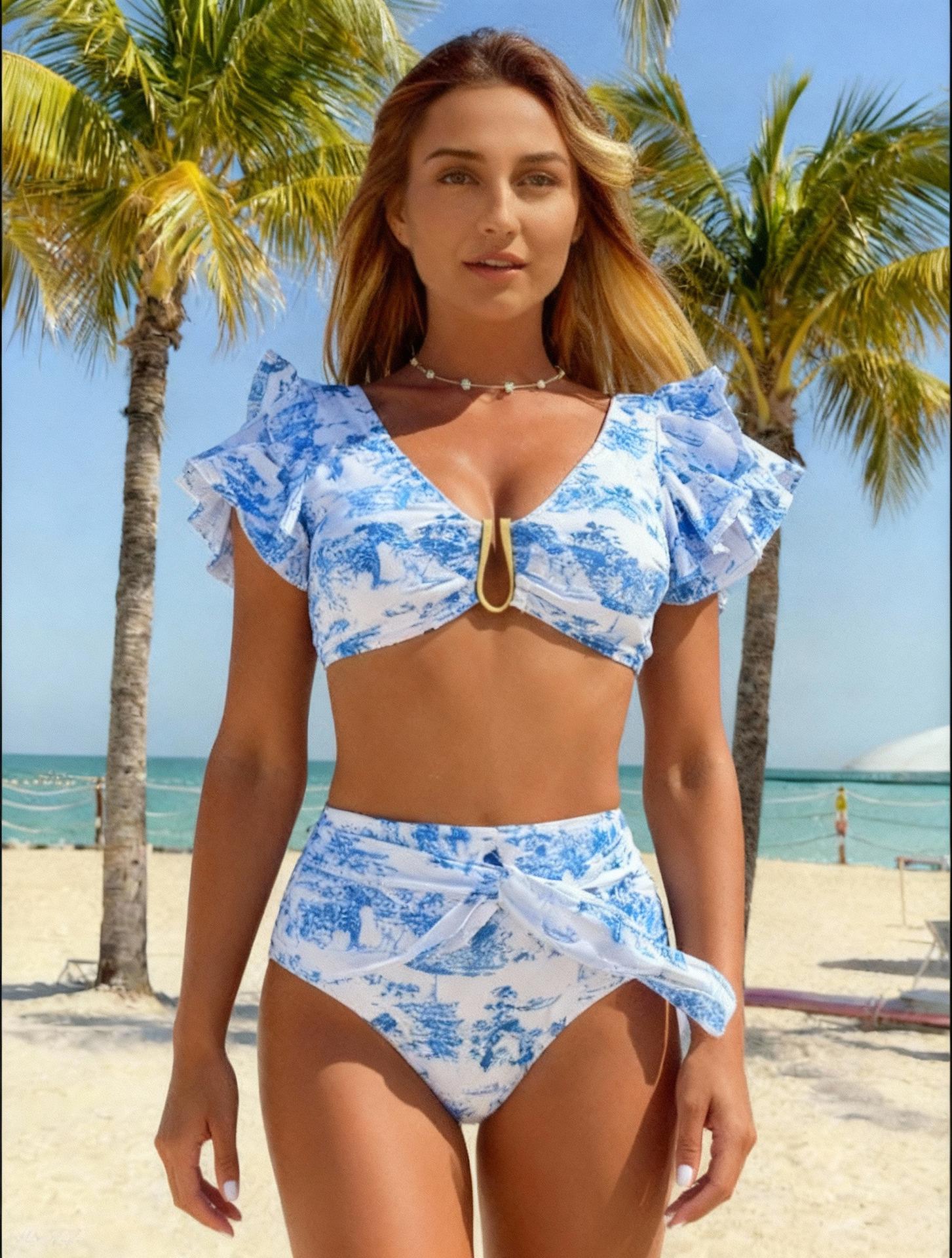 

Купальник с высокой талией и оборками с V-образным вырезом для женщин - Европейский и американский стиль Medium синий