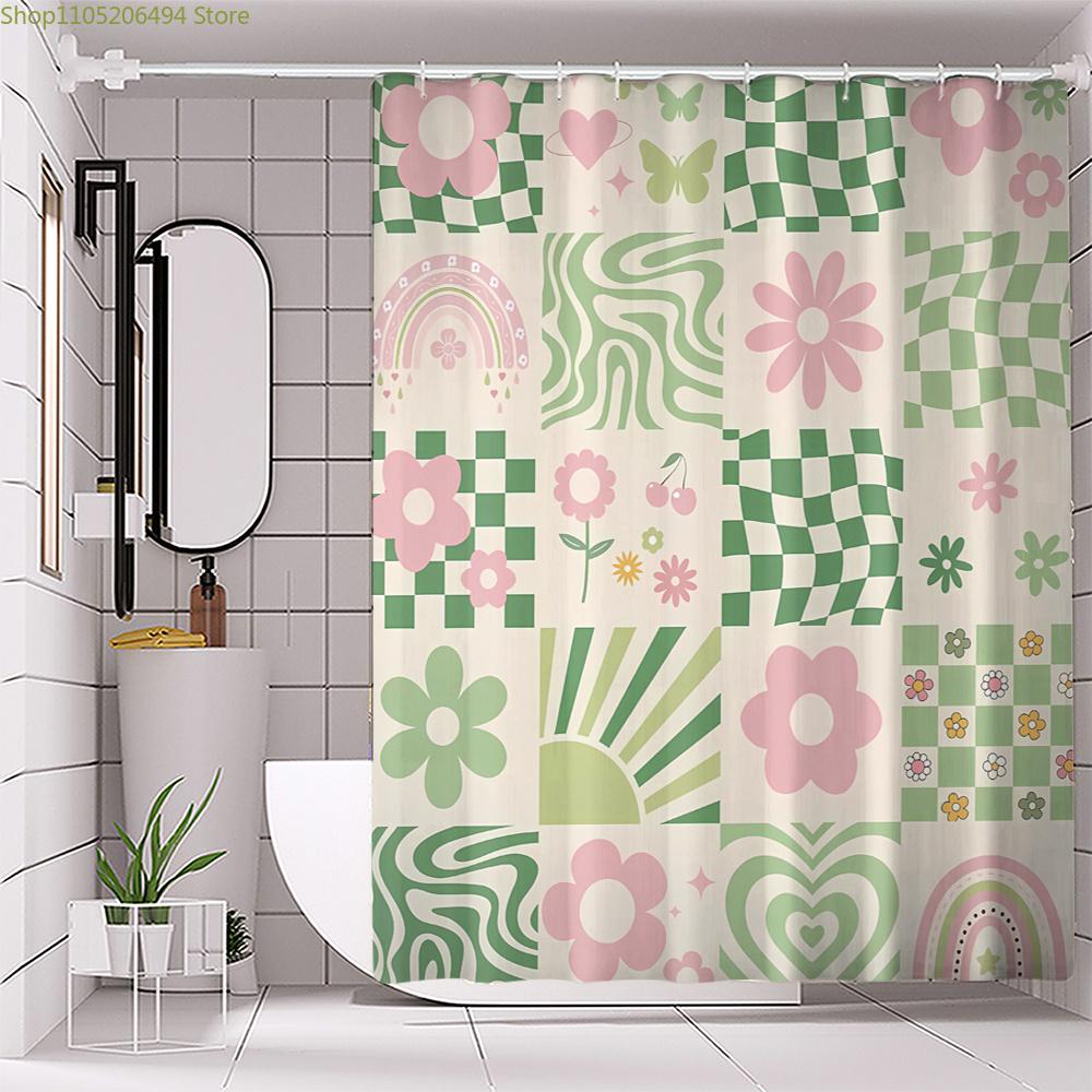 1pc Pink Flower Green Grid Digital Print Shower Curtain, No Drill Bathroom Partition