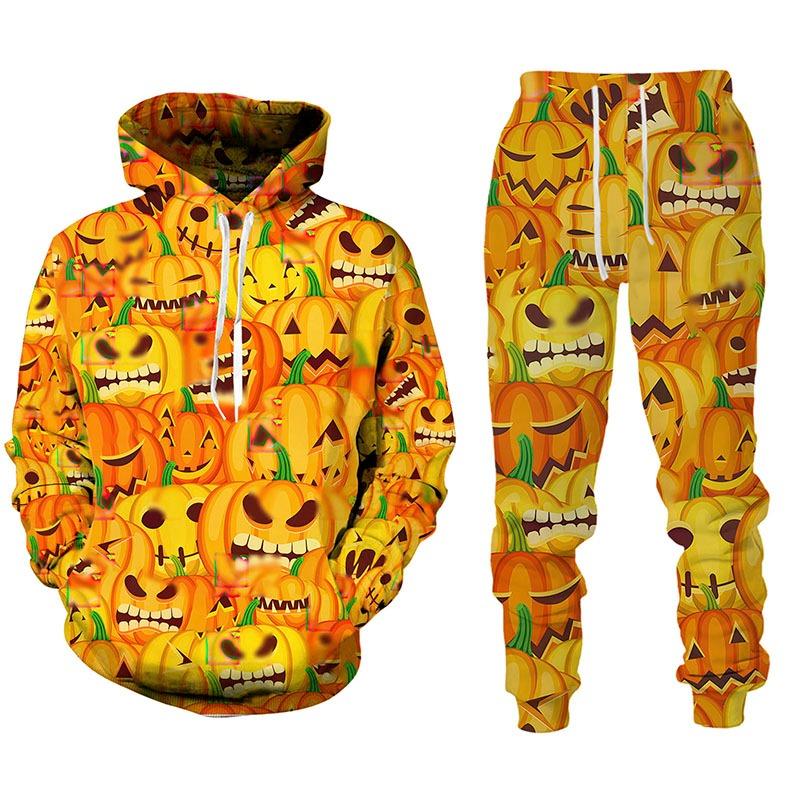 Halloween Kürbisdruck Trainingsanzug Set Herren Hoodie und Jogginghose Zweiteiliges Set Mode Street Trend Festival Jogginganzüge
