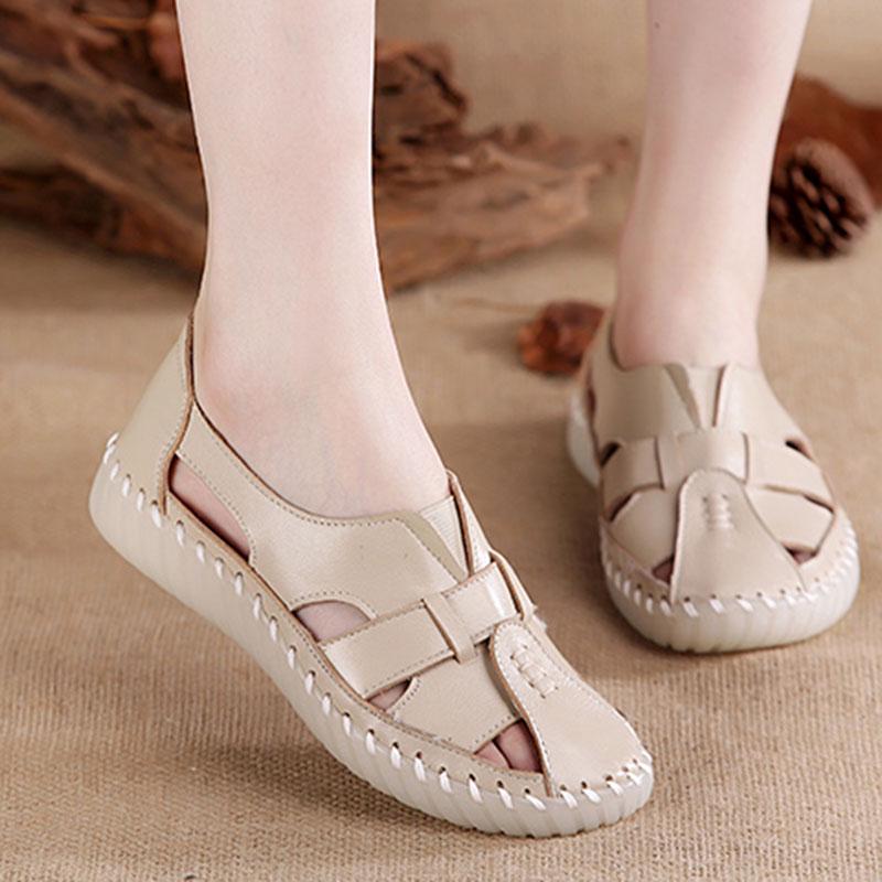 Plus Size 35-43 Summer Retro Women Hole Leather Sandals High Heels Breathable Wear-resistant Sandals
