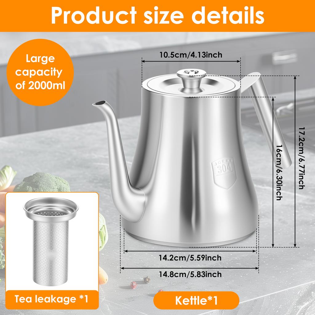 2L Stainless Steel Tea Pot with Removable Infuser Large Capacity Cold Water Kettle Liquid Seasoning Container Kitchen Teaware