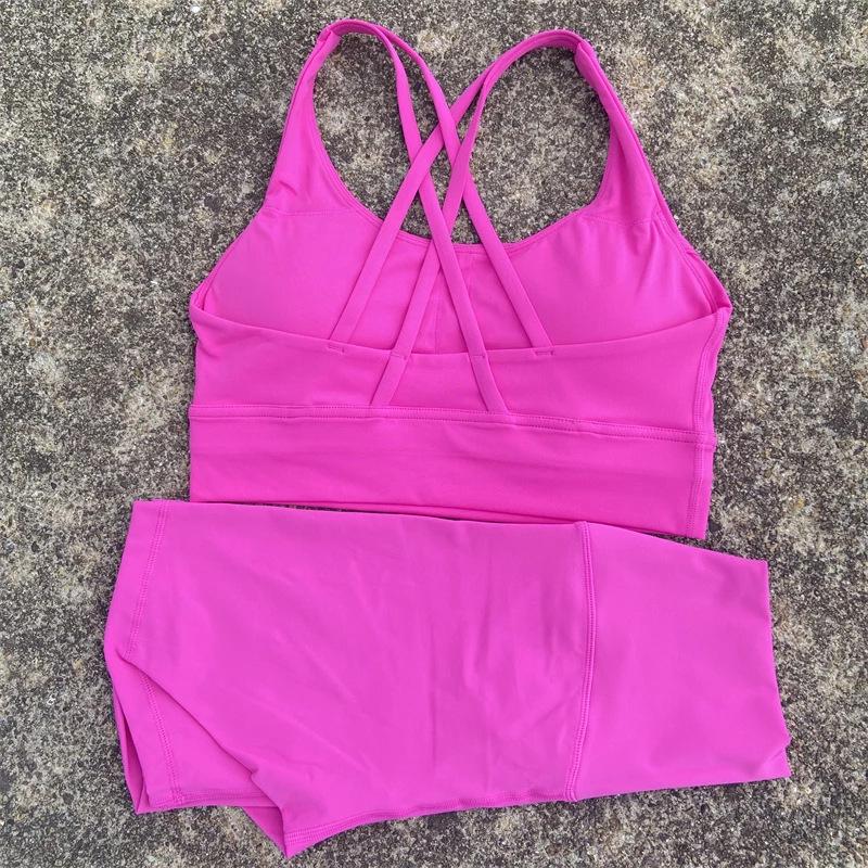 Lulu Women's Nude Yoga Short Set with Cross-Back Sports Bra