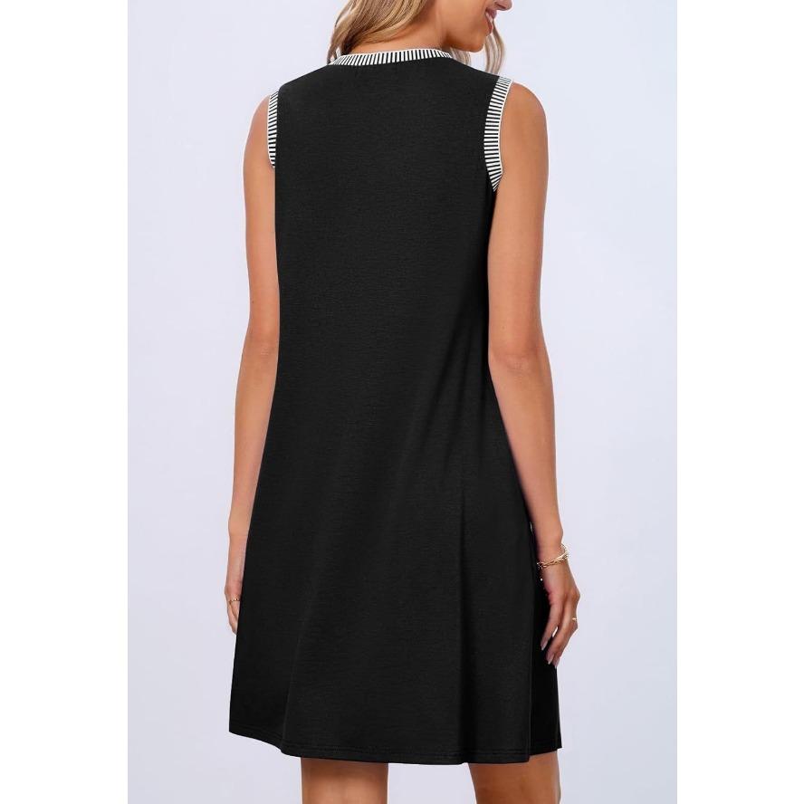 YYFS Women's Fashion Summer Spring Solid Color Print Sleeveless O-Neck Loose Waistline Casual Dresses