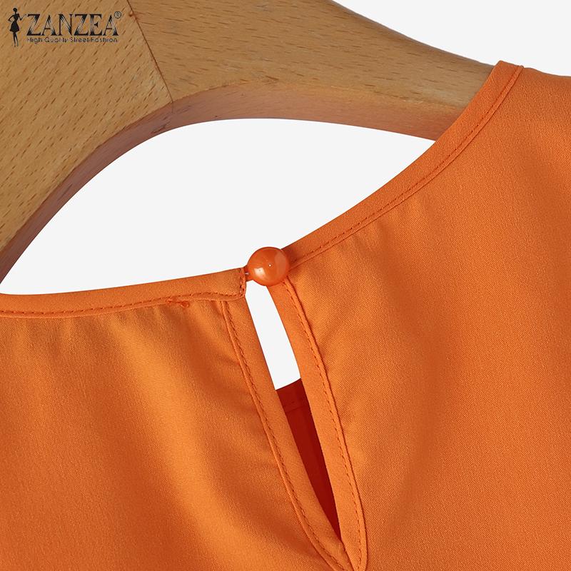 ZANZEA Women Summer Fashion Round Neck Wave Edge Lantern Short Sleeve Blouses