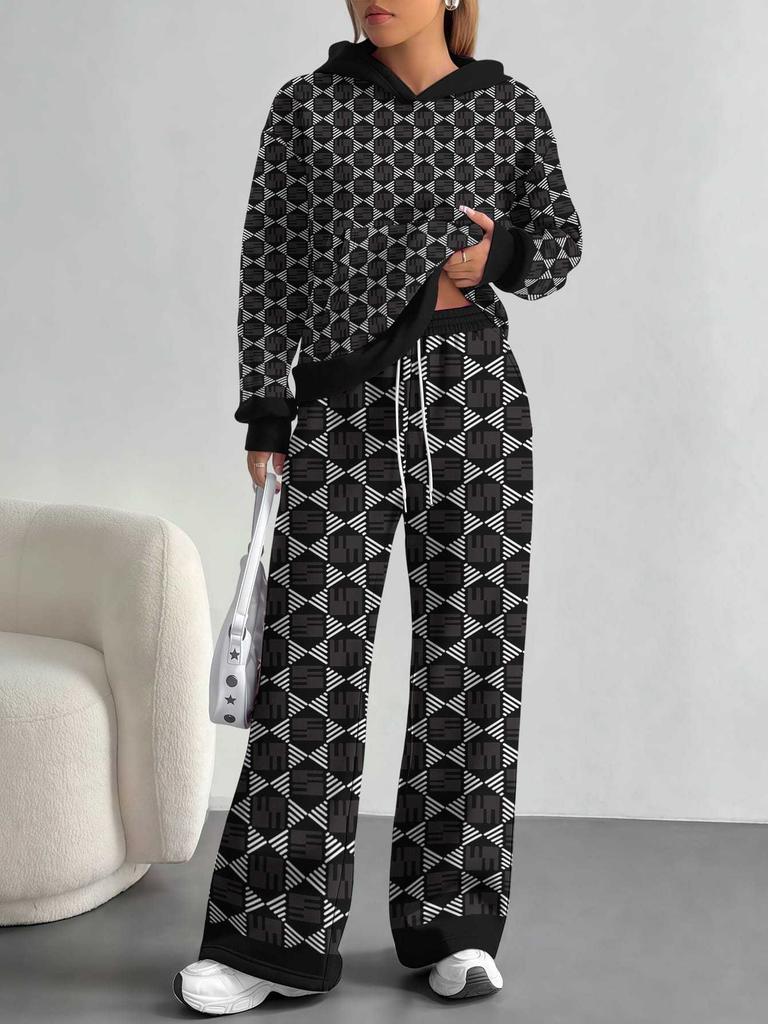 Striped European And American Autumn Casual Geometric Figure Long-Sleeved Suit Women'S Hooded Sweater Trousers Two-Piece Set