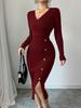 Women's Knitted Elegant Wrap Dress High Waist Bodycon Midi V-neck Long Sleeve Autumn Winter Dresses