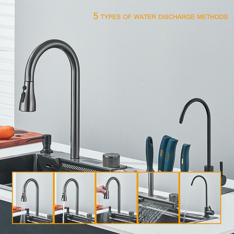 304 High 1uality Intelligent Digital Display  Waterfall Kitchen Sink Large Single Slot Integrated Digital Display Faucet Set