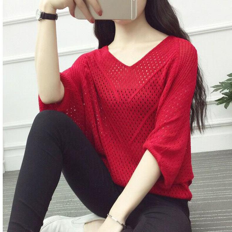Pulover cu decolteu în V cu secțiune subțire Pulover din tricot Topuri pentru femei Dimensiune mare Pulover cu schelet cu mâneci de șapte minute Cămașă lejeră pentru femei