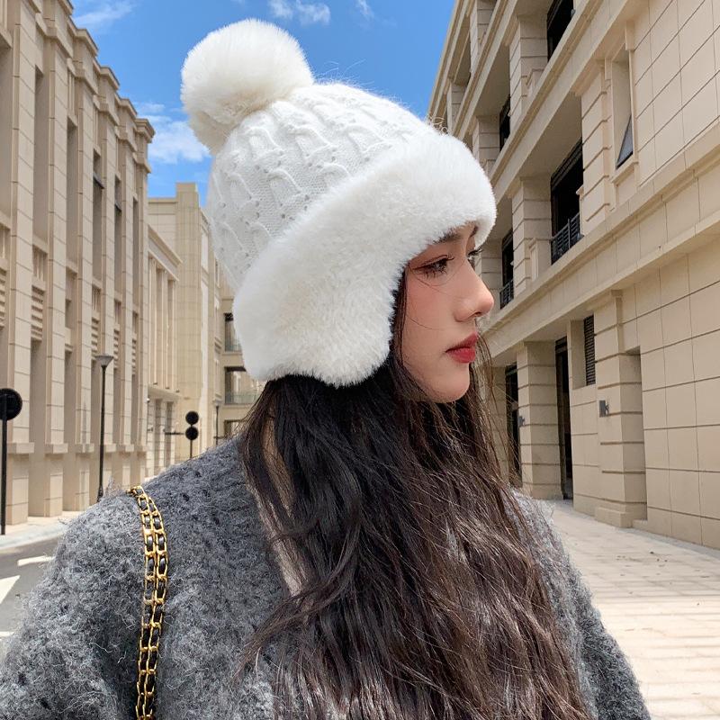 Autumn and Winter Hats for Women with High End Rabbit Fur Metal Knitted Wool Hat Solid Color Versatile Winter Warm Ear Protection Hat Thick