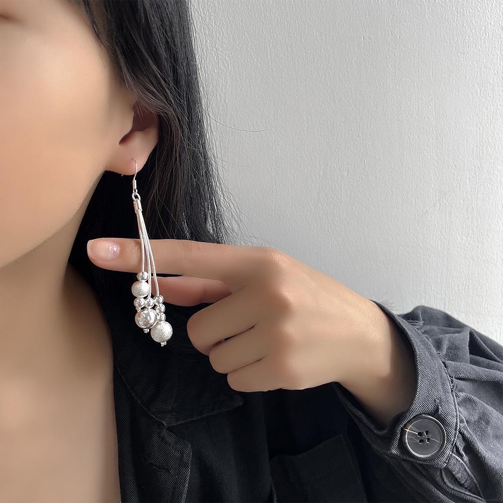 Japanese korean Fashion Sand Bead Tassel Silver Plated Ear Hook Jewelry Three-line multi-bead earrings