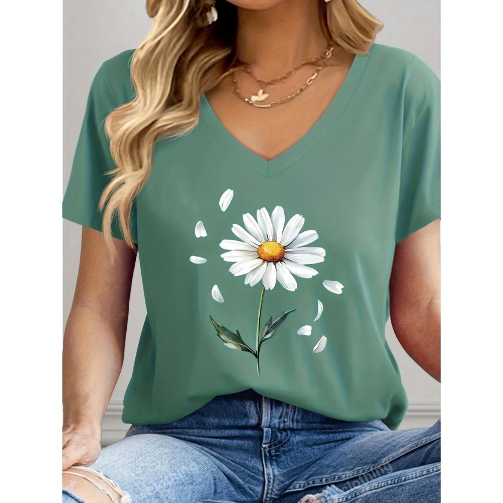 Women's V-Neck T-Shirt Flowers Print Tees Summer Short Sleeve Top Casual