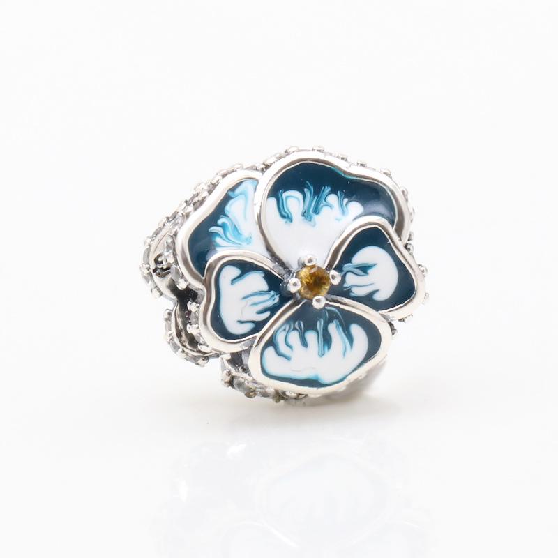 Silver-Plated Blue Pansy Charm: Elegant European American Style Flower Beaded Gift for Women