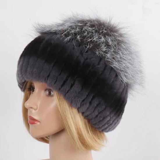 Hot Sale Women Winter Real Rex Rabbit Fur Hat Scarf Sets Natural Warm Genuine Silver Fox Fur Rex Rabbit Fur Cap Scarves 2 Pieces