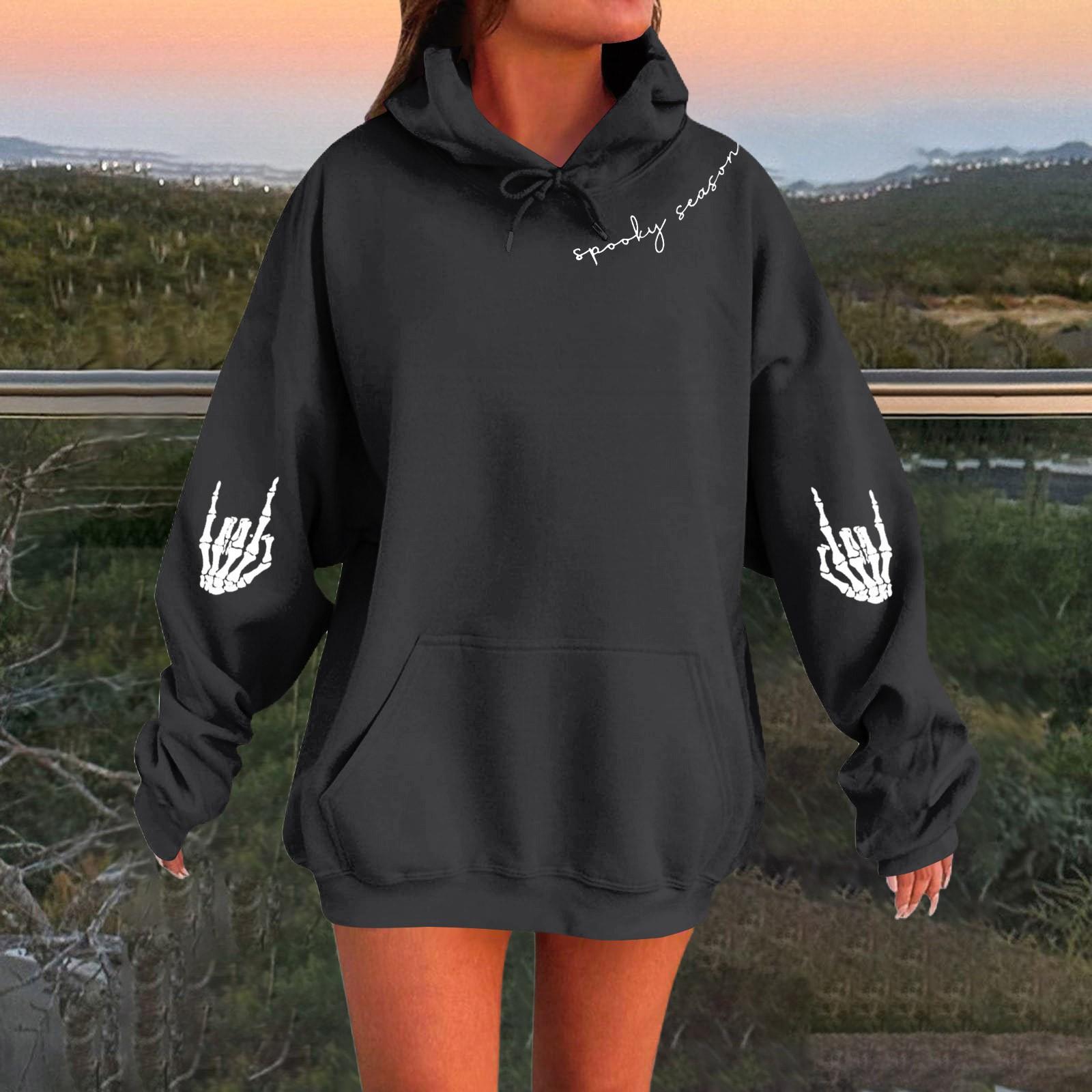 

Женский однотонный пуловер с длинным рукавом, капюшоном и повседневным принтом на Хэллоуин XL