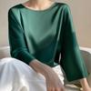 Frühling Sommer Frauen Oansatz 3/4 Ausgestellte Ärmel Bluse Einfarbig Lose Fit Glatte Satin Dünne T-shirt Streetwear