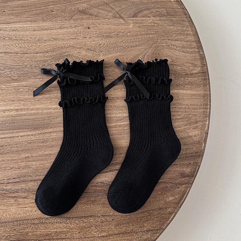 

Корейские Модные Кружевные Гольфы Лолита до Икры для Девочек Бежевого Черного Цвета с Рюшами и Бантом Детские Гольфы до Икры Весенне-Осенние Хлопковые Носки 9-12 Year