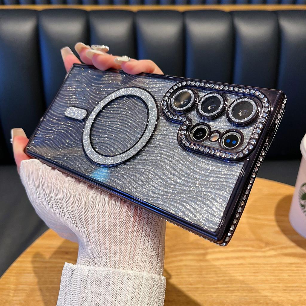 Suitable for Samsung S25 Glitter Magnetic Absorbent Diamond Frame Phone Case, Water Ripple Glitter Lens Film A35 Anti-drop Full Package