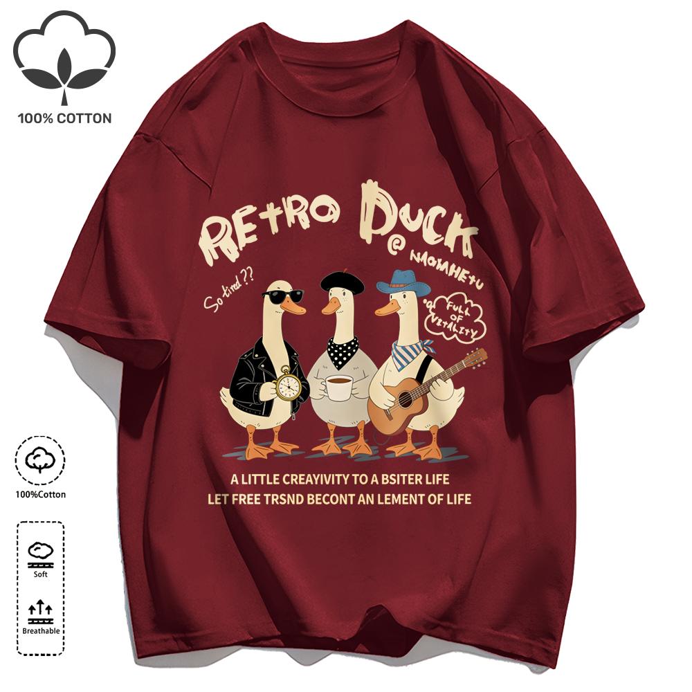 Retro Duck With Free Time T Shirt Unisex Fashion All-Match Basics Streetwear O-Neck Cotton Clothing Unisex Summer Loose Tee