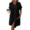 Women's Casual Plus Size Dress Solid Color Cotton Linen-breasted Mid-length Short-sleeved Lapel Loose Shirt Dress