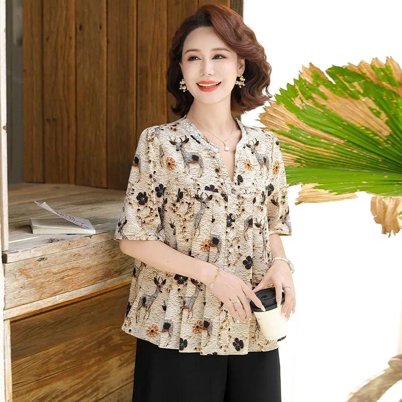 Women's Floral Print Blouse V-Neck Half Sleeve Loose Fit Casual Summer Top