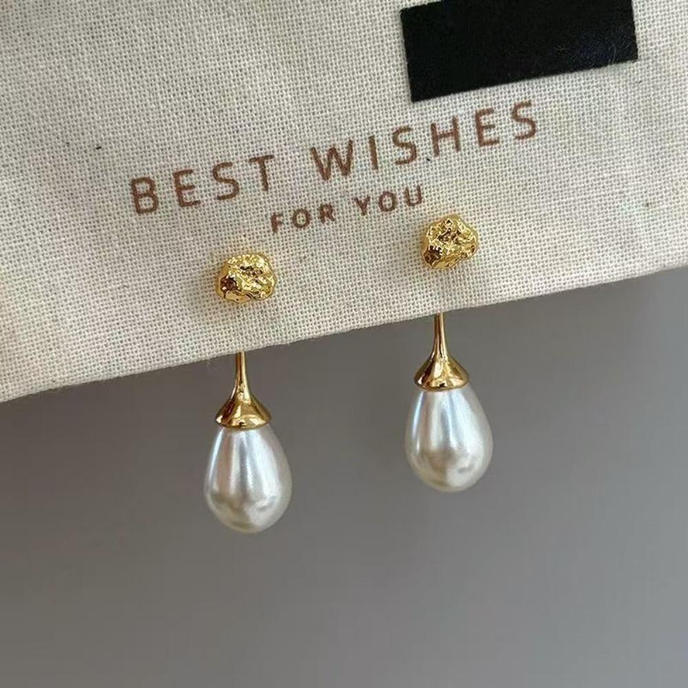 Korea Temperament Teardrop-shaped Imitation Pearl Pendant Irregular Liquid Metal Stud Earrings for Women Dangle Earrings Jewelry