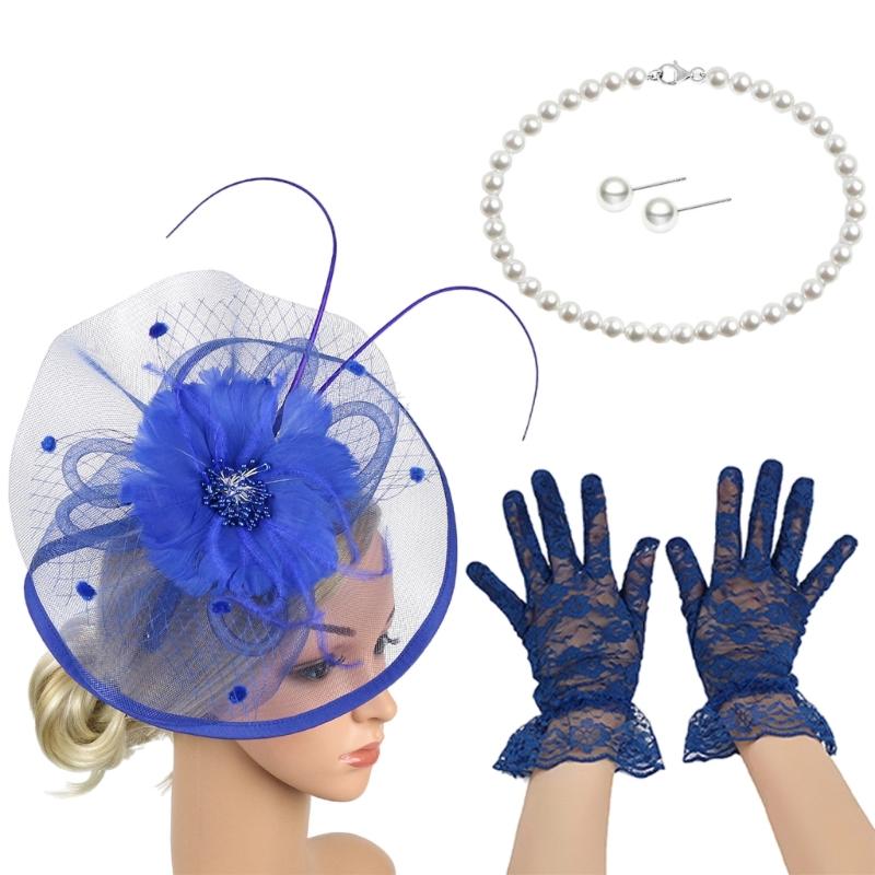 French Fascinator Hat with Necklace Gloves Ear Studs Costume Set For Horse Racing Event and Halloween Party Dressingup