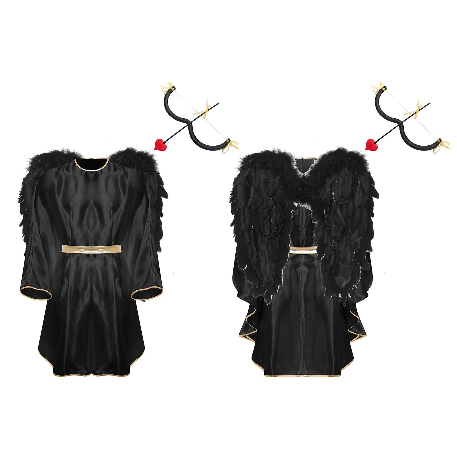 

S-3XL Чоловічий Костюм Ангела Амура для Косплею з Рукавами Кажан Сатиновий Халат з Крилами Бант у Формі M та Стріла з Серцем для Рейвів Дня Святого Валентина 3XL чорний