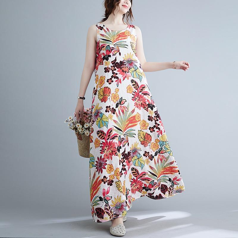 Summer Fashion Dress Women Loose Print Sleeveless Cotton Linen Dress Women's Vest Camisole Dresses