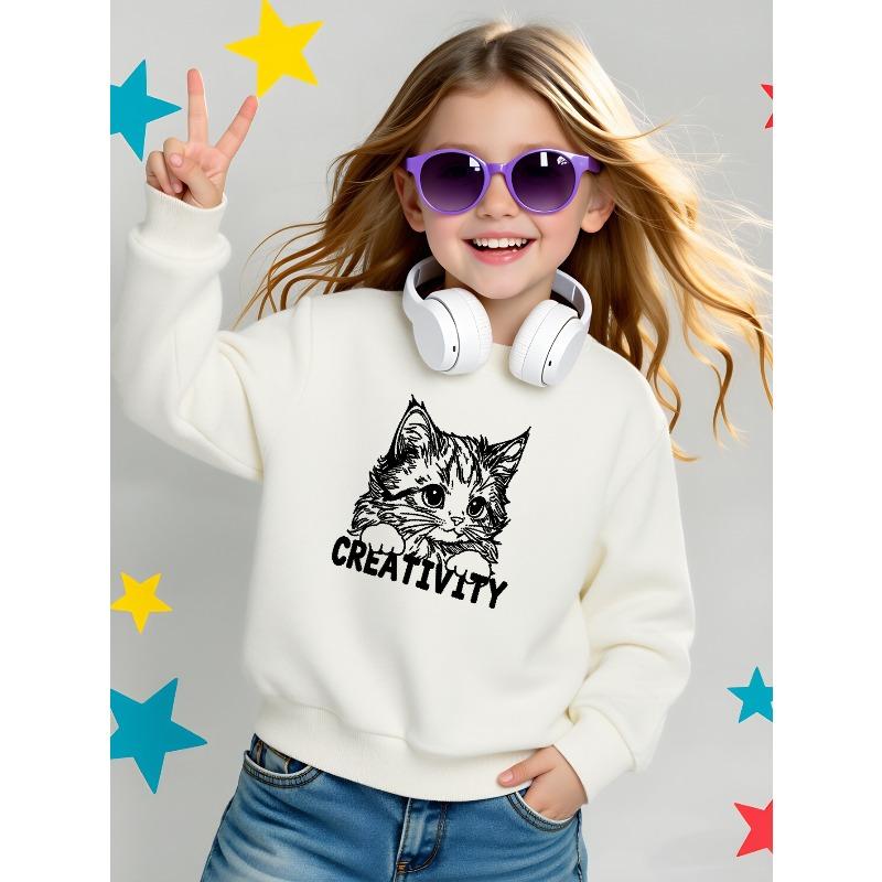 Girls' Round Neck Sweatshirt, Girls' Casual Printed Round Neck Pullover, Cute Cat Creativity Art Design