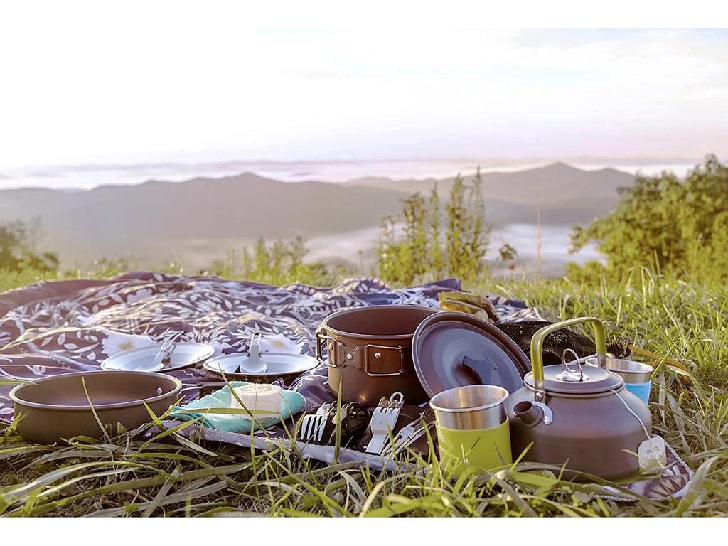 Portable Outdoor Cookware Set for 2-3 People with Teapot - Hard Anodized Aluminum, New Product