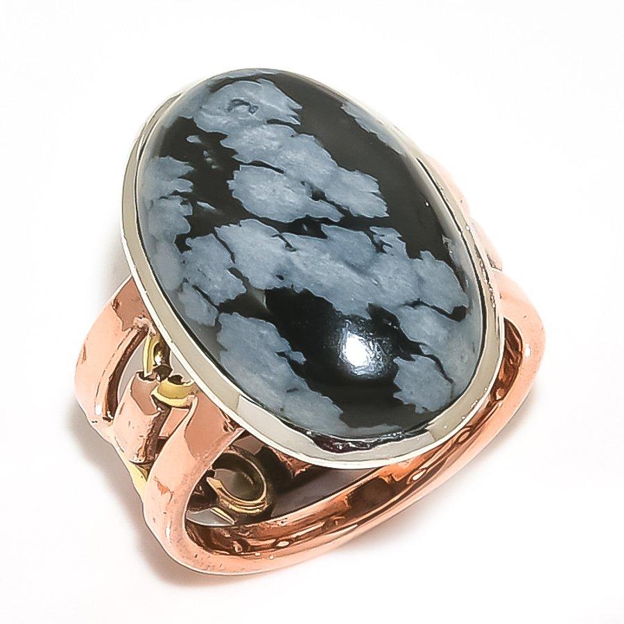 

Natural Snowflake Obsidian Two Tone 925 Sterling Silver Jewelry Ring S.6.5 T8P96