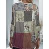 Women's plus size with pocket design retro splicing floral long-sleeved T-shirt, loose and thin casual top