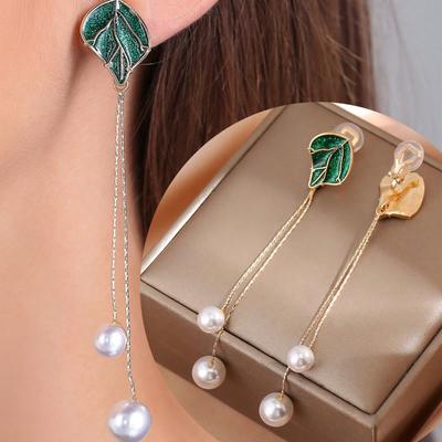 Neue Mode Blatt Emaille Lange Fransen Imitationsperlen Ohrringe für Frauen Ohne Piercing Ohrclip Ohrringe