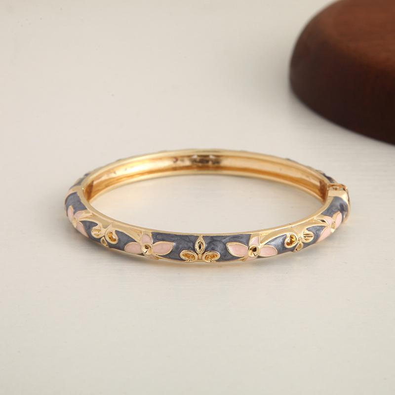 Enamel Floral Bangle Bracelet Gold-Tone Accent Vintage Open Cuff Elegant Bohemian Jewelry For Women Daily Party Gift